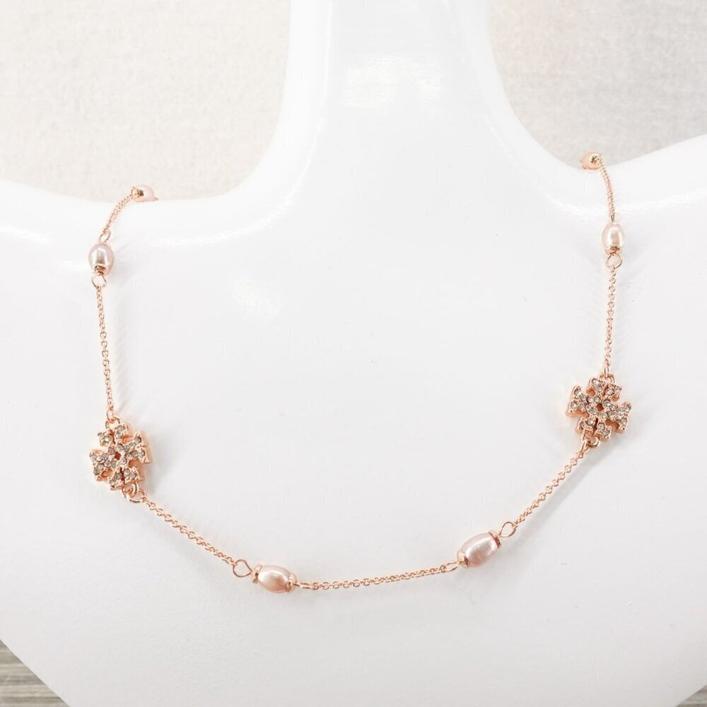 Tory Burch Gemstones and Pearl Necklace Rose Gold OS - Picture 11 of 12